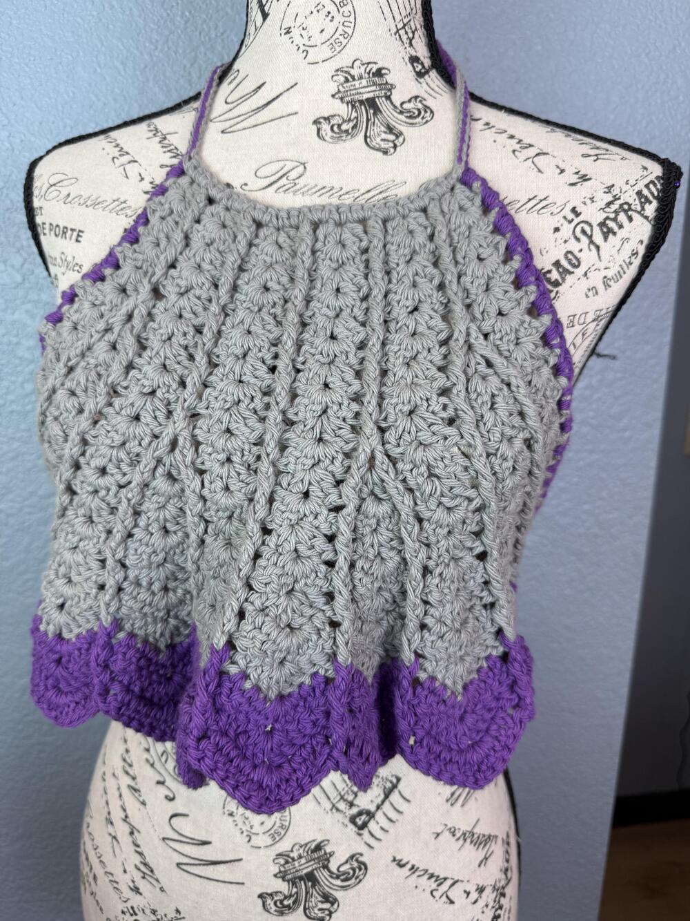 Handmade Crochet Halter Top Womens Medium Gray Purple Festival Boho Summer Shirt